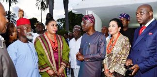 L- R 1. Deputy Chief of Staff to the Executive Governor of Lagos State 2. Honourable Minister of State for Finance Dr Doris Uzoka-Anite 3. H.E, the Executive Governor of Lagos State Mr Babajide Sanwo-Olu and othe Southeast business leaders in a group photograph shortly after the courtesy call on the Governor, on Friday.