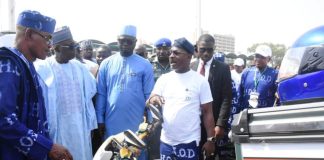 From left: National President, National Commercial Tricycle and motorcycle owners and riders Association (NATOMORAS), Alhaji Usman Gwoza; Representative of President, Muhammadu Dingyadi; Minister of Youth Development, Comrade Ayodele Olawande and the Chief Executive Officer, House of Destiny, Dr Israel Olajumoke, during the National launch of the electric tricycle empowerment initiative organised by the Federal Ministry of Youth Development in collaboration with House of Destiny and NATOMORAS in Abuja on Wednesday (26/11/25).