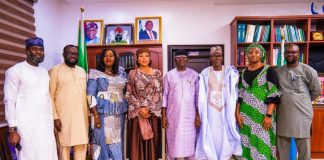 The Honourable Minister of Water Resources and Sanitation, Engr. Prof. Joseph Terlumun Utsev (4th Right), the Senior Special Assistant to the President on Public Health/Nutrition Focal Person, Mrs. Uju Rochas Anwukah (4th Left), and her team during the courtesy visit