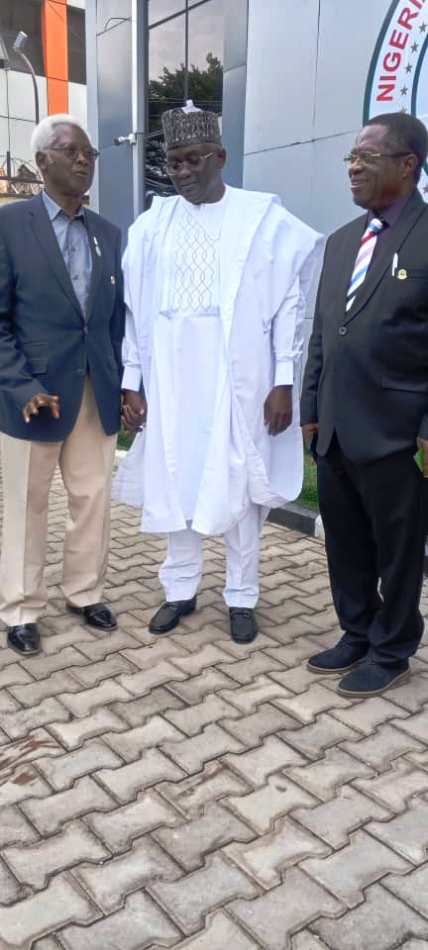 Rt. Hon. Yusuf Buba Yakub (middle), Director-General of the Nigerian Technical Aid Corps (NTAC), flanked by Tpl. David A. Garnvwa (left), a past President of the Nigerian Institute of Town Planners (NITP), and the current National President, Tpl. Dr. Ogbonna Chime (right), during a courtesy visit of the Institute’s National Council to the NTAC Complex in Abuja.