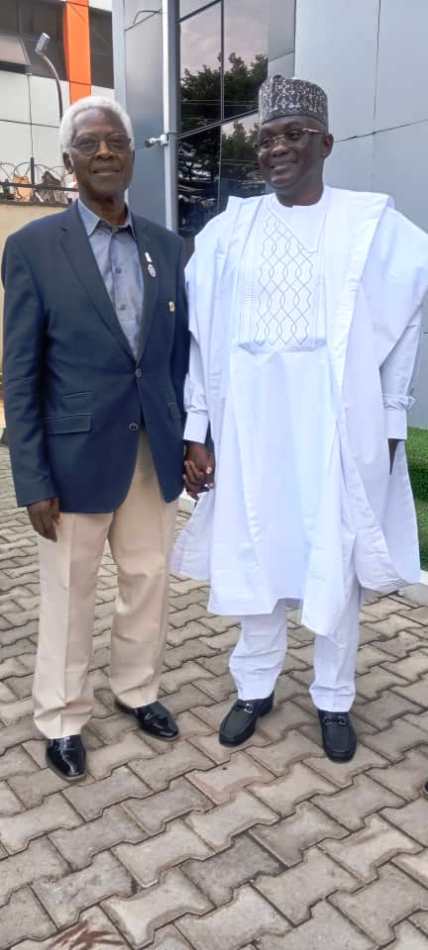 Rt. Hon. Yusuf Buba Yakub, NTAC DG, shares a moment with past NITP President, Tpl. David A. Garnvwa, at the NTAC Complex, Abuja.