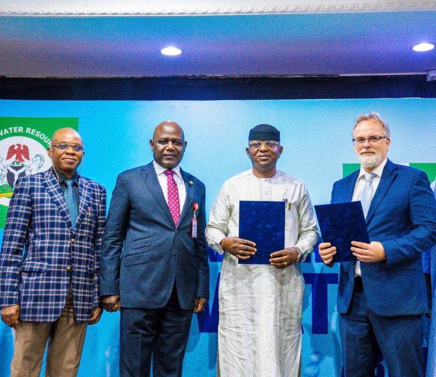 The Honourable Minister of Water Resources and Sanitation, Engr. Prof. Joseph Terlumun Utsev (2nd R); His Excellency, Ambassador of Hungary to Nigeria, Lóránd Endreffy (R); Representative of the Head of the Civil Service of the Federation, Engr. Dr. Nicholas Dumebi Madu (L); and the Permanent Secretary, Federal Ministry of Water Resources and Sanitation, Mr. Richard Pheelangwah (2nd L), at the signing of the Memorandum of Understanding (MoU) at the Nigerian–Hungarian Water Forum.
