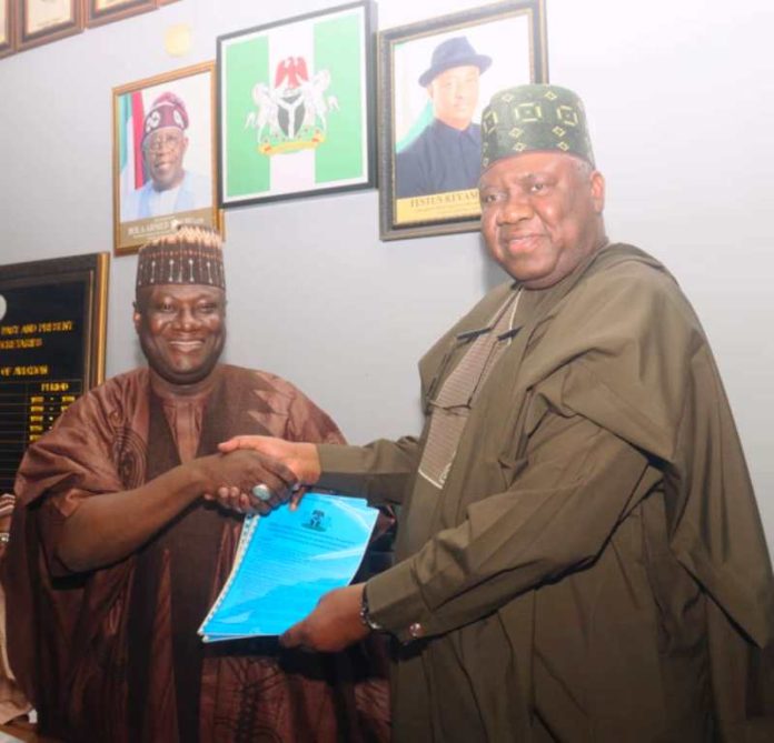 signing of the hand-over note From Left: The outgoing Permanent Secretary of the Federal Ministry of Aviation and Aerospace Development, Dr. Ibrahim Abubakar Kana mni and the incoming Permanent Secretary of the Federal Ministry of Aviation and Aerospace Development, Dr. Yakubu Adam Kofamata during the signing of the hand-over note at the Ministry.