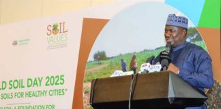 The Minister of State for Agriculture and Food Security, Sen Dr Aliyu Sabi Abdullahi, during the celebration of 2025 World Soil Day event