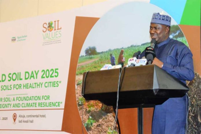 The Minister of State for Agriculture and Food Security, Sen Dr Aliyu Sabi Abdullahi, during the celebration of 2025 World Soil Day event