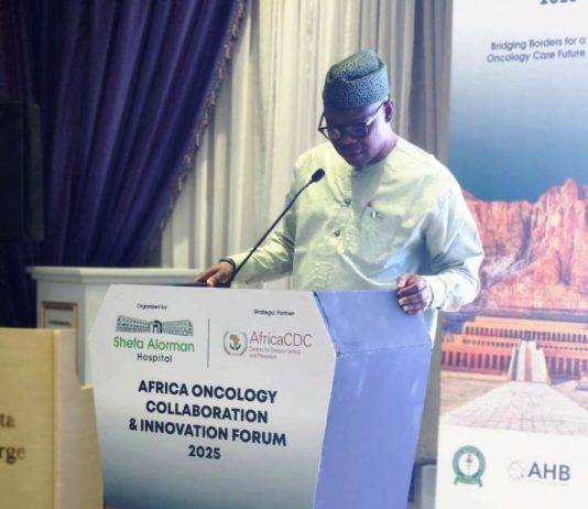 The Honourable Minister of State for Health and Social Welfare Dr. Iziaq Adekunle Salako delivering his keynote address at the Africa Oncology and Innovation Forum, Sonesta St. George Hotel Luxor, Egypt.