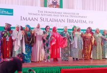 The representative of the First Lady of Nigeria, Hajia Laila Barau, Wife of the Deputy Senate President, the Honourable Minister of Women Affairs and Social Development, Hajiya Imaan Suleiman brahim fsi, the Permanent Secretary of the Ministry, Mrs. Esuabana Nko Asanye with other dignitaries in a group photograph during the event held at the State House Banquet Hall, Abuja