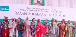 The representative of the First Lady of Nigeria, Hajia Laila Barau, Wife of the Deputy Senate President, the Honourable Minister of Women Affairs and Social Development, Hajiya Imaan Suleiman brahim fsi, the Permanent Secretary of the Ministry, Mrs. Esuabana Nko Asanye with other dignitaries in a group photograph during the event held at the State House Banquet Hall, Abuja