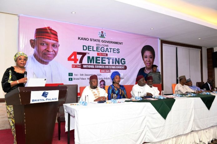 47th National Council on Establishments Head of the Civil Service of the Federation, Mrs Didi Esther Walson-Jack, OON, mni, delivering her keynote address at the opening ceremony of the 47th National Council on Establishment, on Wednesday, 3rd December, 2025, in Kano.