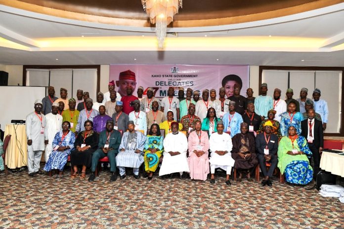 47th National Council on Establishments (NCE) Head of Service, Kano State, Alhaji Abdullahi Musa(m),Head of Service, Zamfara State, Alhaji Yakubu Sani Haidara, mni(6th L), PS Budget&Economic Planning Dr. Deborah Odoh(5th L), PS Designate OHCSF, Dr. Mohammed Musa Ishiyaku(4th R), Director Overseeing office of Permanent Secretary, SPSO, Dr. Mimi Abu(5th R), PS Establishment Kano State, Mr Salisu Mustapha(3rd R) and other officials at the opening ceremony of the Technical Session of the 47th National Council on Establishment.