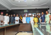Health Key to Unity, Productivity, Social Stability — FG Emphasizes Advocacy Visit By the Honourable Minister of Information & National Orientation, Alhaji Mohammed Idris, to the Federal Ministry of Health & Social Welfare Headquarters, Abuja. Middle: Professor Muhammad Ali Pate CON, Honourable Coordinating Minister of Health & Social Welfare On his immediate left: Alhaji Mohammed Idris, Honourable Minister of Information & National Orientation To his left: Dr. Iziaq Adekunle Salako, Honourable Minister of State for Health & Social Welfare On the immediate right of Coordinating Minister: Daju Kachollom mni, Permanent Secretary Federal Ministry of Health & Social Welfare On the right: Top Management team of the FMOHSW & Heads of Agencies On the left: Entourage of the Honourable Minister of Information & National Orientation