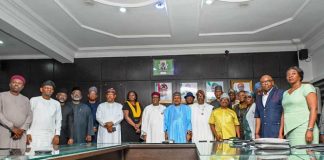 Advocacy Visit By the Honourable Minister of Information & National Orientation, Alhaji Mohammed Idris, to the Federal Ministry of Health & Social Welfare Headquarters, Abuja. Middle: Professor Muhammad Ali Pate CON, Honourable Coordinating Minister of Health & Social Welfare On his immediate left: Alhaji Mohammed Idris, Honourable Minister of Information & National Orientation To his left: Dr. Iziaq Adekunle Salako, Honourable Minister of State for Health & Social Welfare On the immediate right of Coordinating Minister: Daju Kachollom mni, Permanent Secretary Federal Ministry of Health & Social Welfare On the right: Top Management team of the FMOHSW & Heads of Agencies On the left: Entourage of the Honourable Minister of Information & National Orientation