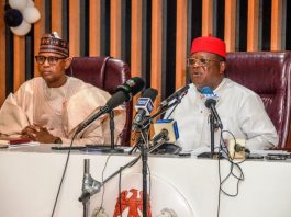 The Hon. Minister of Works Engr. Nweze David Umahi and the Hon. Minister of State Works Bello Mohammad Goronyo Esq at the press briefing on the progress of ongoing Construction Work in all the states. At the Ministry conference room . Date: 17th December, 2025