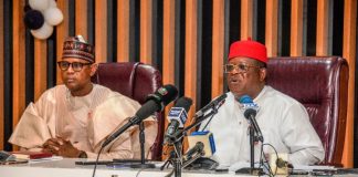 The Hon. Minister of Works Engr. Nweze David Umahi and the Hon. Minister of State Works Bello Mohammad Goronyo Esq at the press briefing on the progress of ongoing Construction Work in all the states. At the Ministry conference room . Date: 17th December, 2025