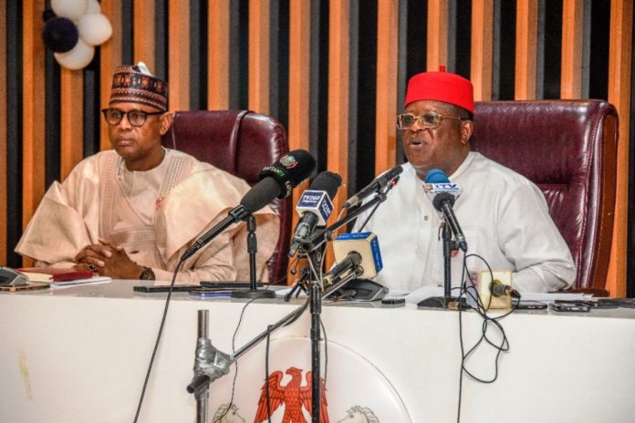 Bello Mohammad Goronyo at the press briefing The Hon. Minister of Works Engr. Nweze David Umahi and the Hon. Minister of State Works Bello Mohammad Goronyo Esq at the press briefing on the progress of ongoing Construction Work in all the states. At the Ministry conference room . Date: 17th December, 2025