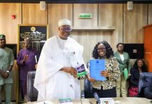 Handing-over ceremonies of outgoing Permanent Secretary overseeing the General Services Office, Mohammed Sanusi Danjuma, and his successor, Dr. Abubakar Ibrahim Kana, as well as the outgoing Permanent Secretary of the Cabinet Affairs Office, Dr. Emanso Okop Umobong, and the incoming Permanent Secretary, Dr. John Chidiebere Ezeamama in OSGF on Tuesday, 9 December 2025.