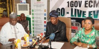 L- R: Permanent Secretary, Federal Ministry of Aviation and Aerospace Development, Dr. Yakubu Adam Kofarmata, ; Hon. Minister of Aviation and Aerospace Development, Festus Keyamo SAN; and the Head of Service of the Federation, Mrs. Didi Esther Walson-Jack at the Launching of the 1Gov Enterprise Content Management System (ECMS) at the Ministry in Abuja.