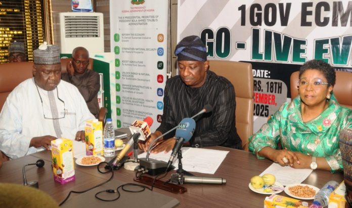 Keyamo Launches 1GOV ECMS L- R: Permanent Secretary, Federal Ministry of Aviation and Aerospace Development, Dr. Yakubu Adam Kofarmata, ; Hon. Minister of Aviation and Aerospace Development, Festus Keyamo SAN; and the Head of Service of the Federation, Mrs. Didi Esther Walson-Jack at the Launching of the 1Gov Enterprise Content Management System (ECMS) at the Ministry in Abuja.