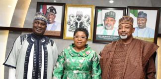 L -R, the Minister of State for Agriculture and Food Security, Sen Dr Aliyu Sabi Abdullahi, Head of the Civil Service of the Federation, Mrs Didi Esther Walson-Jack and Minister of Agriculture and Food Security, Sen Abubakar Kyari during the launch of GO LIVE EDMS Initiative.