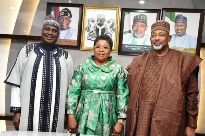 Kyari Launches EDMS L -R, the Minister of State for Agriculture and Food Security, Sen Dr Aliyu Sabi Abdullahi, Head of the Civil Service of the Federation, Mrs Didi Esther Walson-Jack and Minister of Agriculture and Food Security, Sen Abubakar Kyari during the launch of GO LIVE EDMS Initiative.