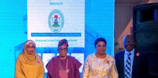 L-R: Incoming Permanent Secretary, Federal Ministry of Marine and Blue Economy, Mrs Fatima Sugra Mahmood; Minister of Marine and Blue Economy, Dr. Adegboyega Oyetola; Head of the Civil Service of the Federation, Mrs. Didi Esther Walson-Jack and outgoing Permanent Secretary of the Ministry, Mr Olufemi Oloruntola at the Ministry’s Fourth Quarter 2025 Stakeholders/Citizens Engagement and launch of the Enterprise Content Management System (ECMS) in Abuja, on Wednesday 17th December 2025.