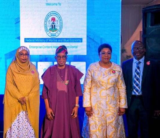 L-R: Incoming Permanent Secretary, Federal Ministry of Marine and Blue Economy, Mrs Fatima Sugra Mahmood; Minister of Marine and Blue Economy, Dr. Adegboyega Oyetola; Head of the Civil Service of the Federation, Mrs. Didi Esther Walson-Jack and outgoing Permanent Secretary of the Ministry, Mr Olufemi Oloruntola at the Ministry’s Fourth Quarter 2025 Stakeholders/Citizens Engagement and launch of the Enterprise Content Management System (ECMS) in Abuja, on Wednesday 17th December 2025.