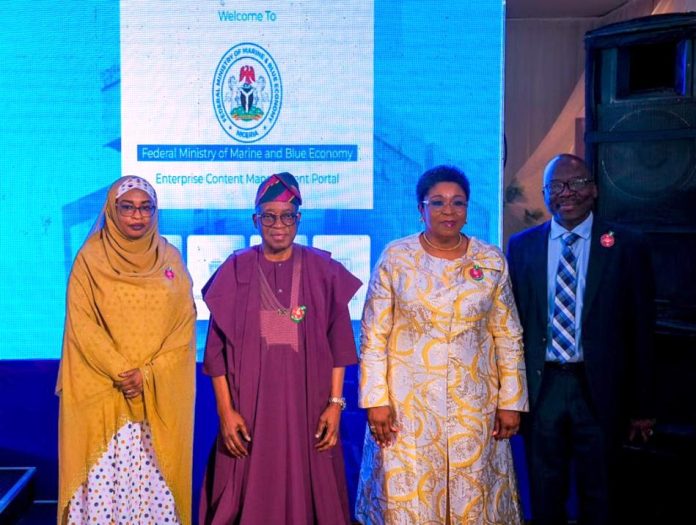 L-R: Incoming Permanent Secretary, Federal Ministry of Marine and Blue Economy, Mrs Fatima Sugra Mahmood; Minister of Marine and Blue Economy, Dr. Adegboyega Oyetola; Head of the Civil Service of the Federation, Mrs. Didi Esther Walson-Jack and outgoing Permanent Secretary of the Ministry, Mr Olufemi Oloruntola at the Ministry’s Fourth Quarter 2025 Stakeholders/Citizens Engagement and launch of the Enterprise Content Management System (ECMS) in Abuja, on Wednesday 17th December 2025.