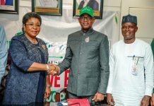 Group Photography of the Honourable Minister of Works, Engr/Sen. Nweze David Umahi ably represented by the Honourable Minister of Works For State, Bello M. Goronyo Esq (Middle), The Head of Civil Service Mrs Didi Esther Walson-Jack, OON, mni, (1st Left) and the Permanent Secreatry, Mr Adeladan Rafiu Olarinre (3rd Right) after declaring open and full implementation of Enterprise Content Management (ECM) System Go-Live at the Ministry Headquarters of Works today 23-12-2025