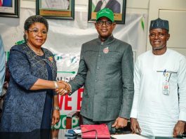 Group Photography of the Honourable Minister of Works, Engr/Sen. Nweze David Umahi ably represented by the Honourable Minister of Works For State, Bello M. Goronyo Esq (Middle), The Head of Civil Service Mrs Didi Esther Walson-Jack, OON, mni, (1st Left) and the Permanent Secreatry, Mr Adeladan Rafiu Olarinre (3rd Right) after declaring open and full implementation of Enterprise Content Management (ECM) System Go-Live at the Ministry Headquarters of Works today 23-12-2025