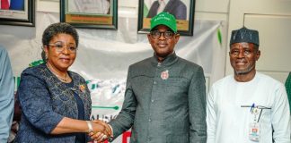 Group Photography of the Honourable Minister of Works, Engr/Sen. Nweze David Umahi ably represented by the Honourable Minister of Works For State, Bello M. Goronyo Esq (Middle), The Head of Civil Service Mrs Didi Esther Walson-Jack, OON, mni, (1st Left) and the Permanent Secreatry, Mr Adeladan Rafiu Olarinre (3rd Right) after declaring open and full implementation of Enterprise Content Management (ECM) System Go-Live at the Ministry Headquarters of Works today 23-12-2025