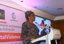 16 Days of Activism on Violence Against Women and Children Closes The Permanent Secretary, Federal Ministry of Social Development, Mrs. Esuabana Nko Asanye delivering a key note address on behalf of the Honours le Minister,(FMWASD) Hon. Imaan Suleiman -Ibrahim fsi, during a high-level National Dialogue on Ending Gender-Based Violence (GBV) in Abuja and Lagos.