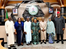 Head of the Civil Service of the Federation, Mrs. Didi Esther Walson-jack OON, mni (m), former Permanent Secretary, Career Management Office, Mrs Fatima Mahmood and the five (5) Newly Appointed Permanent Secretaries