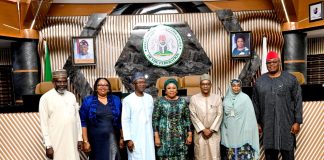 Head of the Civil Service of the Federation, Mrs. Didi Esther Walson-jack OON, mni (m), former Permanent Secretary, Career Management Office, Mrs Fatima Mahmood and the five (5) Newly Appointed Permanent Secretaries
