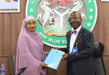 Earlier today, outgoing Permanent Secretary Olufemi Oloruntola (r) formally transferred leadership of the Federal Ministry of Marine and Blue Economy to Mrs. Fatima Sugra Mahmood (l) at the Ministry's conference room.