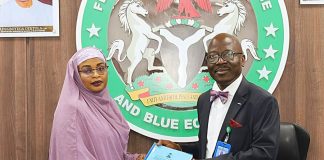 Earlier today, outgoing Permanent Secretary Olufemi Oloruntola (r) formally transferred leadership of the Federal Ministry of Marine and Blue Economy to Mrs. Fatima Sugra Mahmood (l) at the Ministry's conference room.