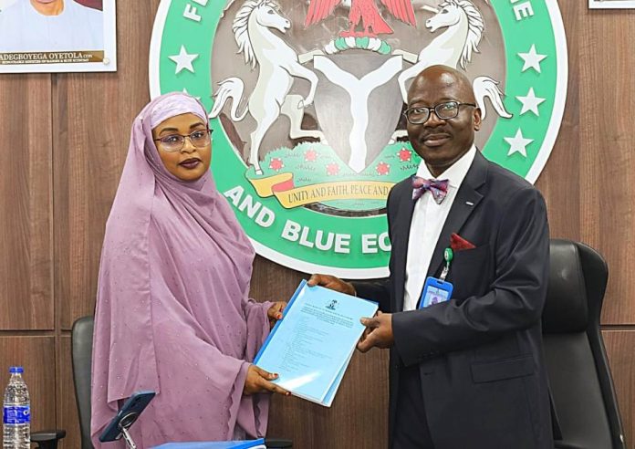Earlier today, outgoing Permanent Secretary Olufemi Oloruntola (r) formally transferred leadership of the Federal Ministry of Marine and Blue Economy to Mrs. Fatima Sugra Mahmood (l) at the Ministry's conference room.