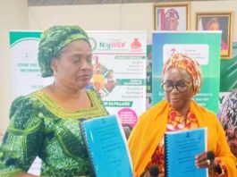 R-L : The Out Permanent Secretary, Dr. Maryam Ismaila Keshinro, formally handing over to the incoming Permanent Secretary, Mrs. Esuabana Nko Asanye, during the event held in FMWASD Headquarters, Abuja
