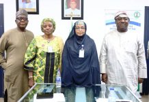 The Permanent Secretary, Federal Ministry of Marine and Blue Economy, Fatima Mahmood (3rd l) flanked by Director, Maritime Services, Oyinloye Meshack (1st l), Director, Planning, Research and Statistics, Kalthum Ibrahim (2nd l) and Director, Maritime Safety and Security, Babatunde Bombata (1st r) after briefing the Permanent Secretary.