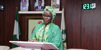 The Permanent Secretary of the Federal Ministry of Youth Development, Dr. Maryam Ismaila Keshinro, addressing the management staff of the National Youth Service Corps (NYSC) during her working visit to the NYSC Headquarters, Abuja.