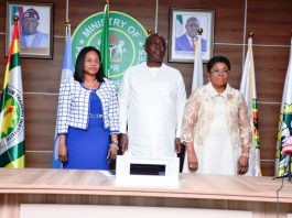 (R - L) The Head of the Civil Service of the Federation, Mrs. Didi Esther Walson-Jack, Honourable Minister of State Petroleum Resources (Oil) Sen. Heineken Lokpobiri and the Permanent Secretary MPR. Mrs. Patience N. Oyekunle in a group photograph during at the ECM Go Live launch in Abuja.