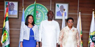 (R - L) The Head of the Civil Service of the Federation, Mrs. Didi Esther Walson-Jack, Honourable Minister of State Petroleum Resources (Oil) Sen. Heineken Lokpobiri and the Permanent Secretary MPR. Mrs. Patience N. Oyekunle in a group photograph during at the ECM Go Live launch in Abuja.