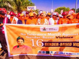 Hon. Minister, Federal Ministry of Women Affairs and Social Department, Hon. Imaan Sulaiman -Ibrahim, fsi, ( Centre) led the 2025 No Tolerance March in Abuja, aligning with the global 16 Days of Activism Against Gender-Based Violence (GBV).