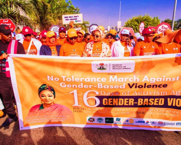 Hon. Minister, Federal Ministry of Women Affairs and Social Department, Hon. Imaan Sulaiman -Ibrahim, fsi, ( Centre) led the 2025 No Tolerance March in Abuja, aligning with the global 16 Days of Activism Against Gender-Based Violence (GBV).