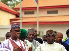 L-R, Bello Muhammad Goronyo, Esq,Honourable Minister of State for Works and Nasir Idris Executive Governor of Kebbi State. At the point of receiving 10 Hilux Vehicles.4th December, 2025.