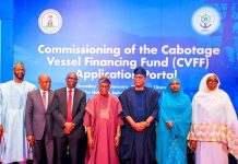 *CAPTION* L-R: Chairman, Nigerian Maritime Administration and Safety Agency (NIMASA) Governing Board, Hon. Yusuf Hamisu Abubakar; Managing Director, Nigerian Ports Authority, Dr. Abubakar Dantsoho; Director General, Nigerian Maritime Administration and Safety Agency (NIMASA), Dr. Dayo Mobereola; Honourable Minister of Marine and Blue Economy, Dr. Adegboyega Oyetola; Chairman, Senate Committee on Marine Transport, Senator Wasiu Eshinlokun; Permanent Secretary, Federal Ministry of Marine and Blue Economy, Mrs Fatima Mahmood and Chairman, House Committee on Maritime Safety, Education, and Administration, Hon. Khadija Bukar Abba Ibrahim, during the launch of the Cabotage Vessel Financing Fund (CVFF) Application Portal in Lagos on Thursday.