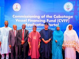 *CAPTION* L-R: Chairman, Nigerian Maritime Administration and Safety Agency (NIMASA) Governing Board, Hon. Yusuf Hamisu Abubakar; Managing Director, Nigerian Ports Authority, Dr. Abubakar Dantsoho; Director General, Nigerian Maritime Administration and Safety Agency (NIMASA), Dr. Dayo Mobereola; Honourable Minister of Marine and Blue Economy, Dr. Adegboyega Oyetola; Chairman, Senate Committee on Marine Transport, Senator Wasiu Eshinlokun; Permanent Secretary, Federal Ministry of Marine and Blue Economy, Mrs Fatima Mahmood and Chairman, House Committee on Maritime Safety, Education, and Administration, Hon. Khadija Bukar Abba Ibrahim, during the launch of the Cabotage Vessel Financing Fund (CVFF) Application Portal in Lagos on Thursday.