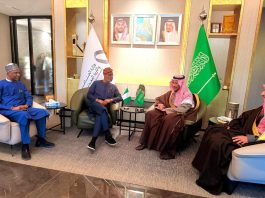 R-L Saudi Arabian Minister of Industry and Mineral Resources, Ibrahim Al-Khorayef; Minister of Solid Minerals Development, Dr. Dele Alake during the minister’s courtesy visit to his Saudi Arabian counterpart ahead of the Future Minerals Forum (FMF), Riyadh, Saudi Arabia. 13th January, 2026.