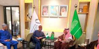 R-L Saudi Arabian Minister of Industry and Mineral Resources, Ibrahim Al-Khorayef; Minister of Solid Minerals Development, Dr. Dele Alake during the minister’s courtesy visit to his Saudi Arabian counterpart ahead of the Future Minerals Forum (FMF), Riyadh, Saudi Arabia. 13th January, 2026.