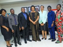 The Commissioner for Women Affairs and Social Development, Mrs. Eugenia Abdallah (center), alongside the Permanent Secretary, Mrs. Joy Ihensekhien (third right), and the Chief Medical Director of NOFIC, Prof. Ileogben Sunday-Adeoye (third left), pose with members of the Centre’s management during their engagement in Benin City.
