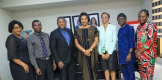 The Commissioner for Women Affairs and Social Development, Mrs. Eugenia Abdallah (center), alongside the Permanent Secretary, Mrs. Joy Ihensekhien (third right), and the Chief Medical Director of NOFIC, Prof. Ileogben Sunday-Adeoye (third left), pose with members of the Centre’s management during their engagement in Benin City.